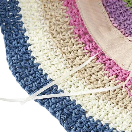 Rainbow Crochet Straw Bucket Hat, Colorful Striped Wide Brim Sun Hat