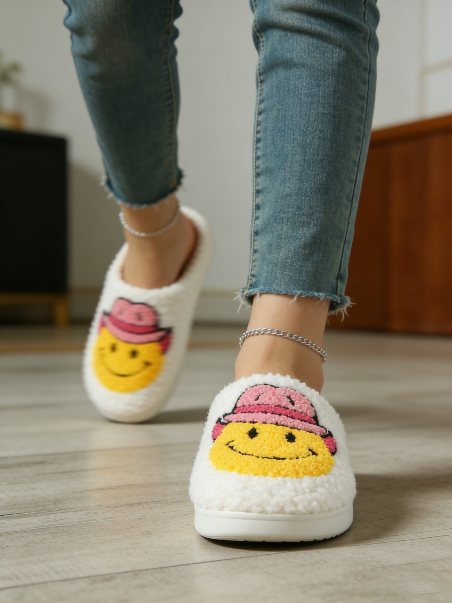 Bulk Slippers | Unisex Cowboy Smiley Embroidery Fuzzy Slippers Winter Warm Indoor Home Shoes Wholesale