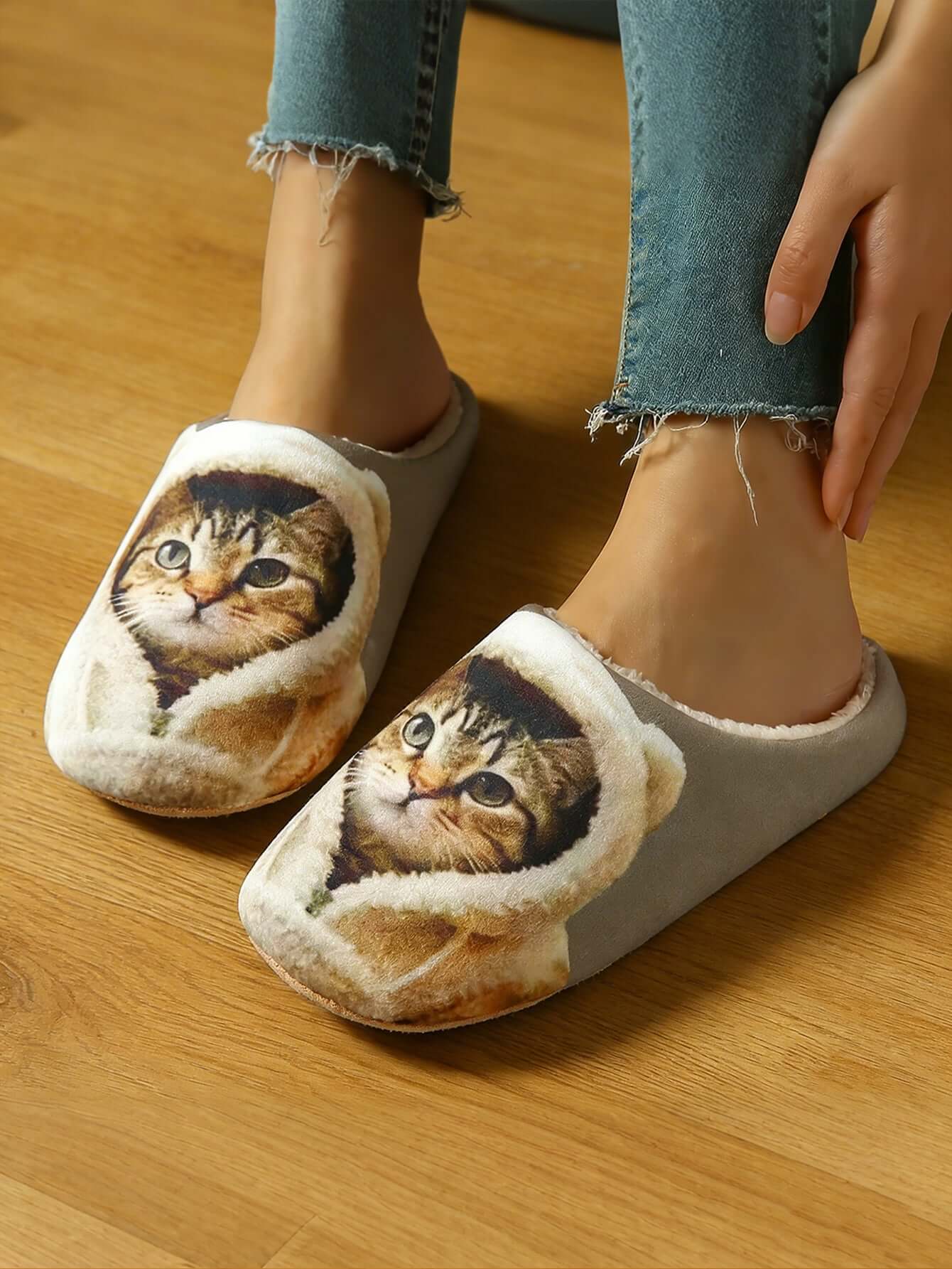 Bulk Slippers | Soft Cat Print Plush Slippers Women Winter Warm Quiet Indoor Shoes Wholesale