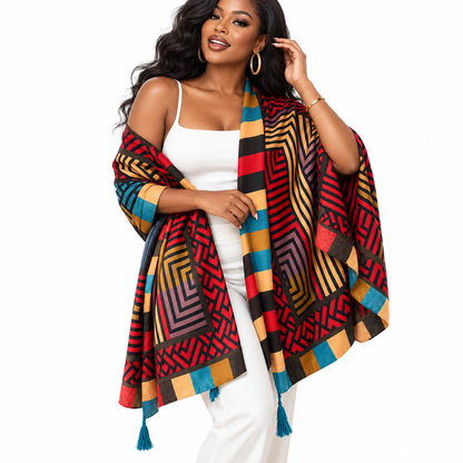 Women Boho Ethnic Cotton Linen Scarf, Geometric Pattern Tassel Fringe Large Shawl for Travel Daily