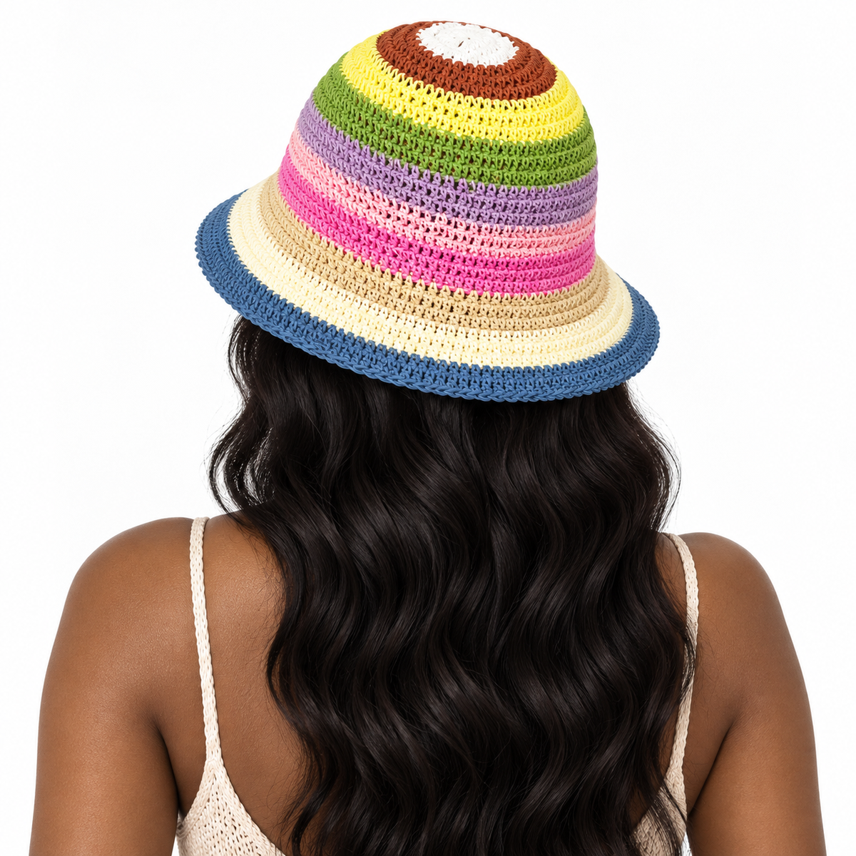Rainbow Crochet Straw Bucket Hat, Colorful Striped Wide Brim Sun Hat