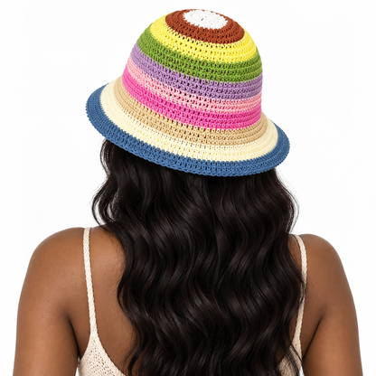 Rainbow Crochet Straw Bucket Hat, Colorful Striped Wide Brim Sun Hat
