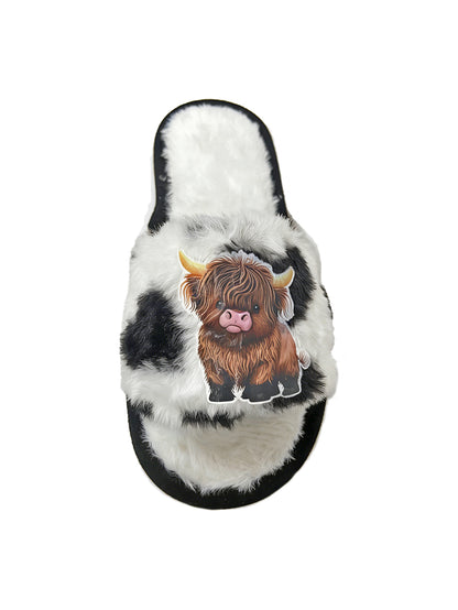 Bulk Slippers | Cow Print Plush Highland Cow Open Toe Slippers Unisex Spring Summer Indoor Home Shoes Wholesale