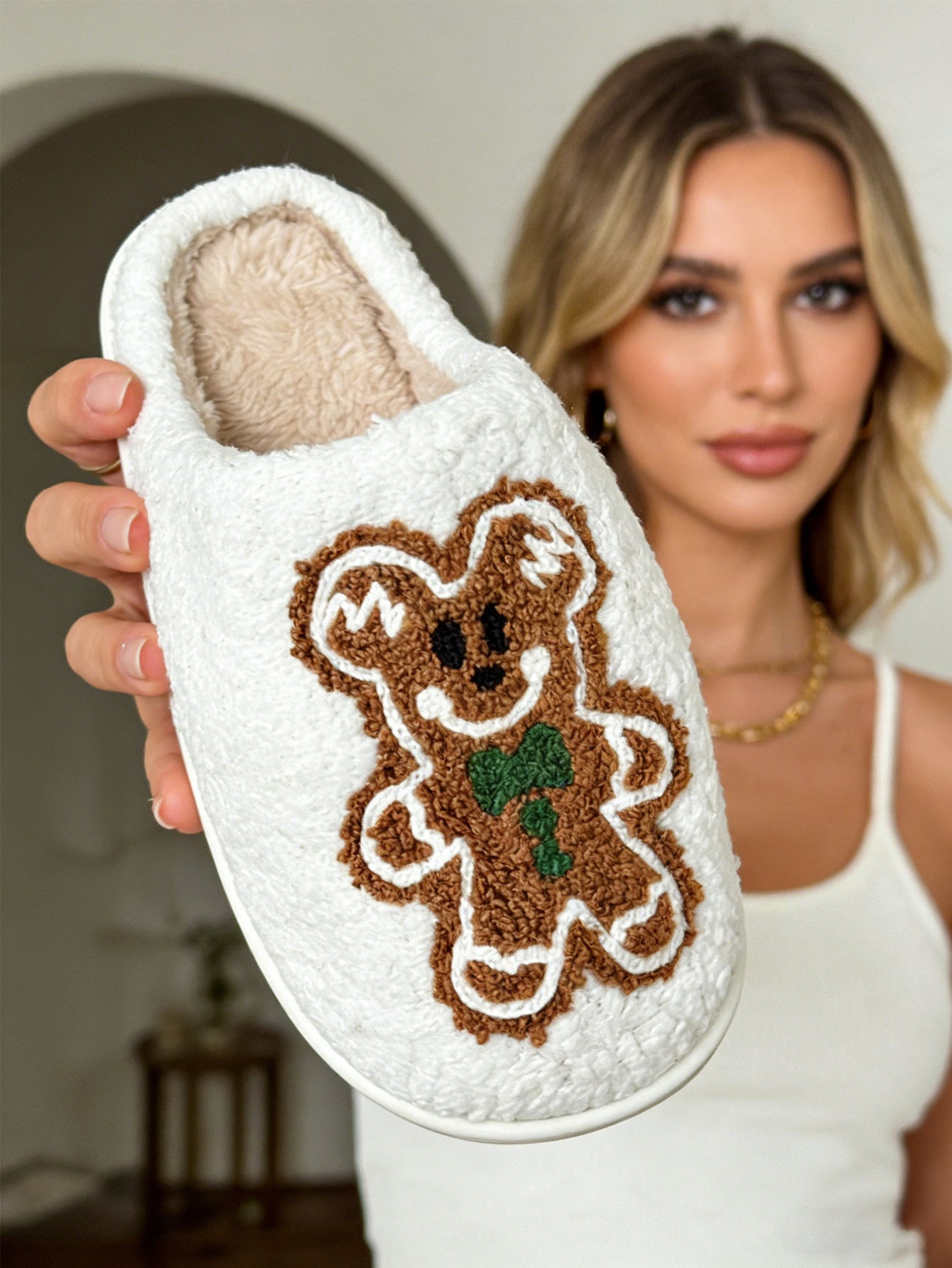 Bulk Slippers | Unisex Gingerbread Man Fuzzy Slippers Winter Warm Indoor Home Shoes Wholesale