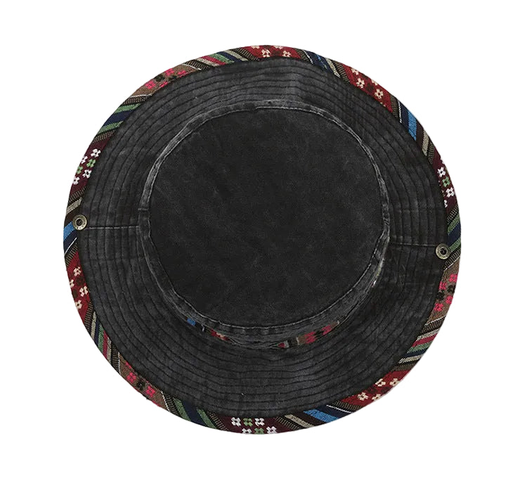 Retro Washed Distressed Ethnic Style Bucket Hat, Boho Printed Wide Brim Sun Hat for Spring Summer Outdoor Street Wear