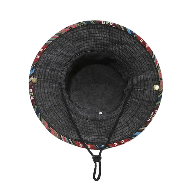 Retro Washed Distressed Ethnic Style Bucket Hat, Boho Printed Wide Brim Sun Hat for Spring Summer Outdoor Street Wear