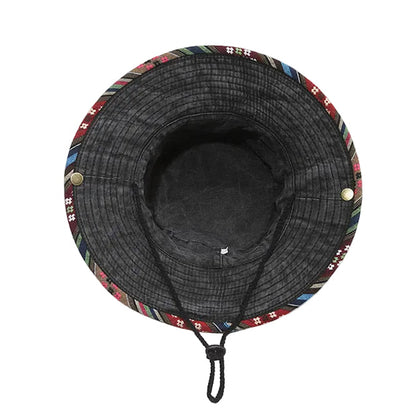 Retro Washed Distressed Ethnic Style Bucket Hat, Boho Printed Wide Brim Sun Hat for Spring Summer Outdoor Street Wear