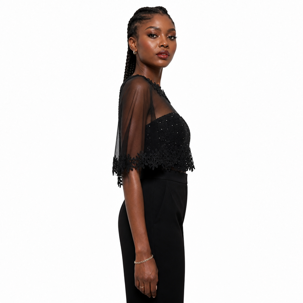 Black Floral Lace Sheer Tulle Cape Shawl | Lightweight Transparent Evening Party Cover Up for Formal Occasions