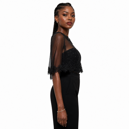 Black Floral Lace Sheer Tulle Cape Shawl | Lightweight Transparent Evening Party Cover Up for Formal Occasions