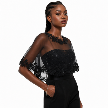 Black Floral Lace Sheer Tulle Cape Shawl | Lightweight Transparent Evening Party Cover Up for Formal Occasions