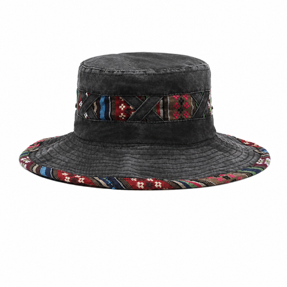 Retro Washed Distressed Ethnic Style Bucket Hat, Boho Printed Wide Brim Sun Hat for Spring Summer Outdoor Street Wear