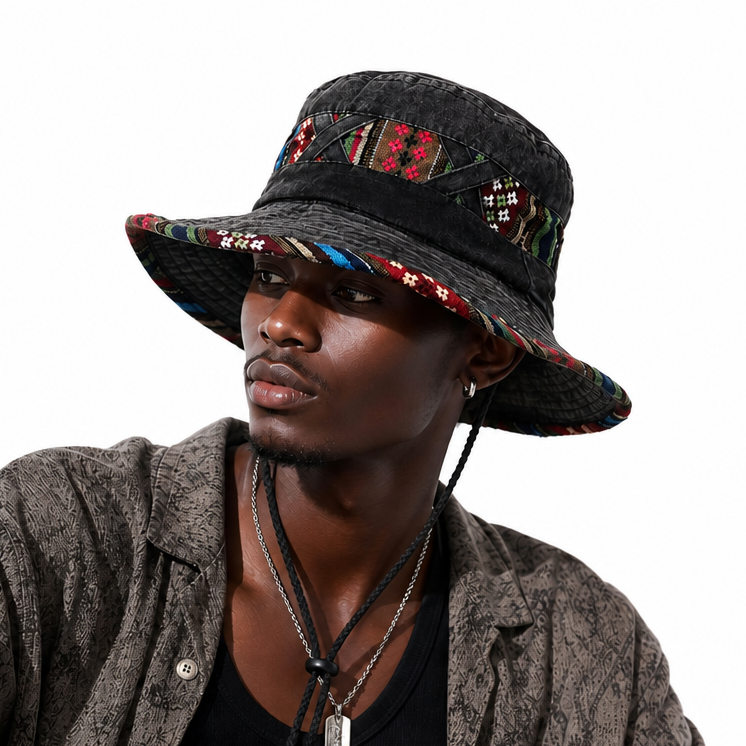 Retro Washed Distressed Ethnic Style Bucket Hat, Boho Printed Wide Brim Sun Hat for Spring Summer Outdoor Street Wear