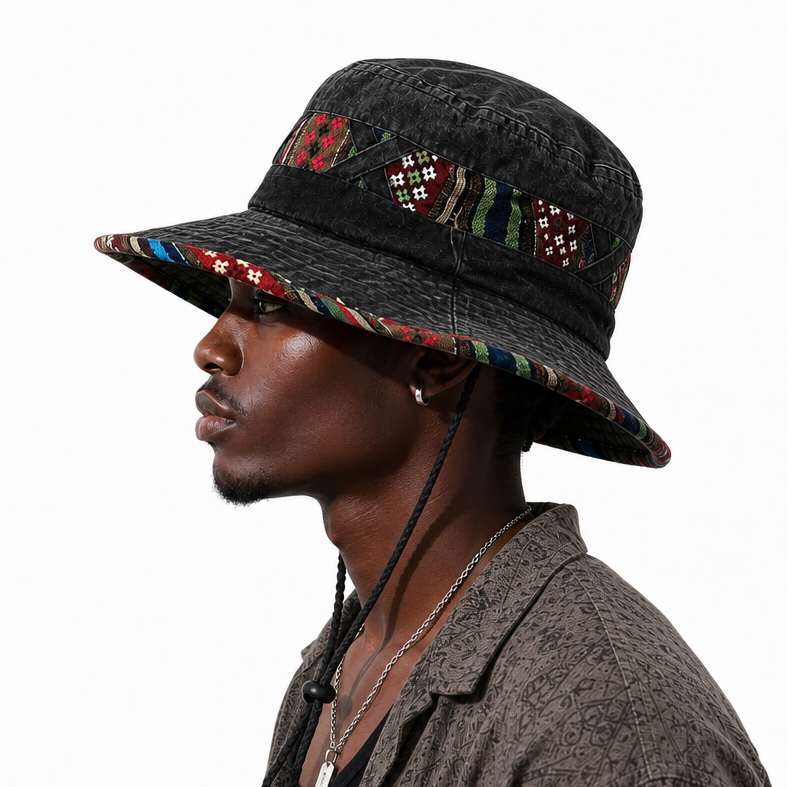 Retro Washed Distressed Ethnic Style Bucket Hat, Boho Printed Wide Brim Sun Hat for Spring Summer Outdoor Street Wear