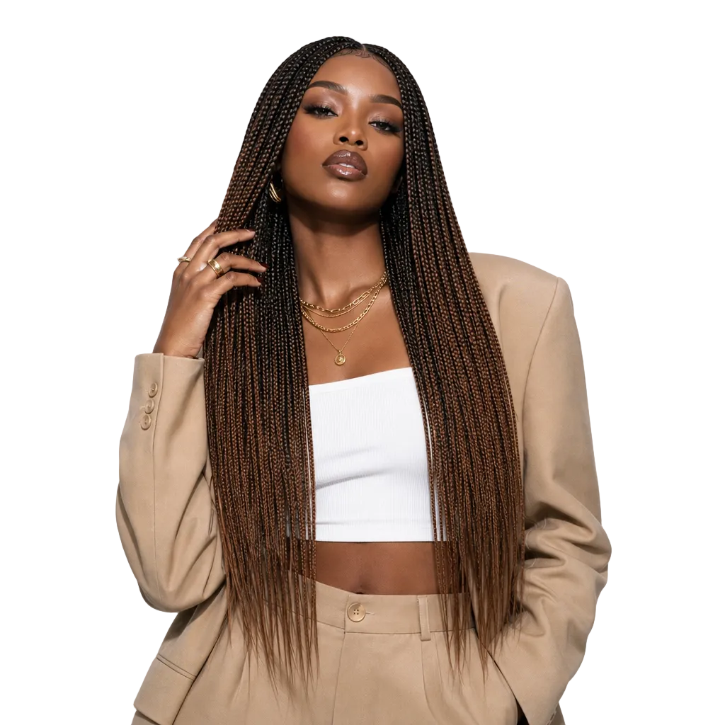 Pure Hand‑Braided Long Box Braid Wig, Ombre Gradient Three‑Strand Crochet Braid Full‑Head Wig