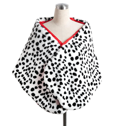 Black‑White Dalmatian Print Faux Fur Shawl, Fashion Spotted Furry Wrap Cape for Costume Party