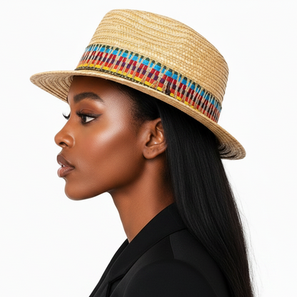 Natural Wheat Straw Woven Sun Hat, Color Decorative Band Breathable Sun‑Protection Straw Hat