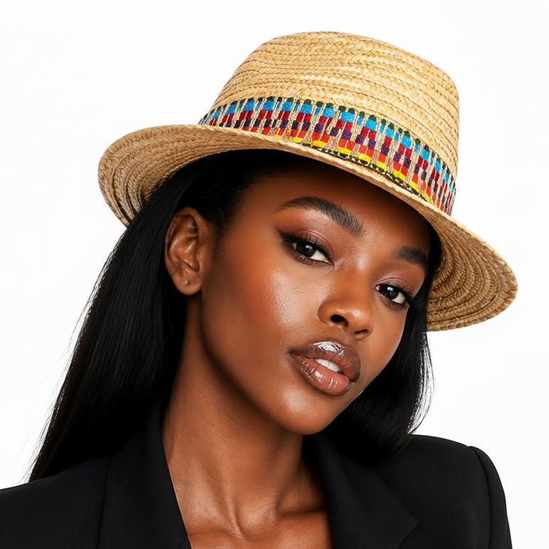 Natural Wheat Straw Woven Sun Hat, Color Decorative Band Breathable Sun‑Protection Straw Hat