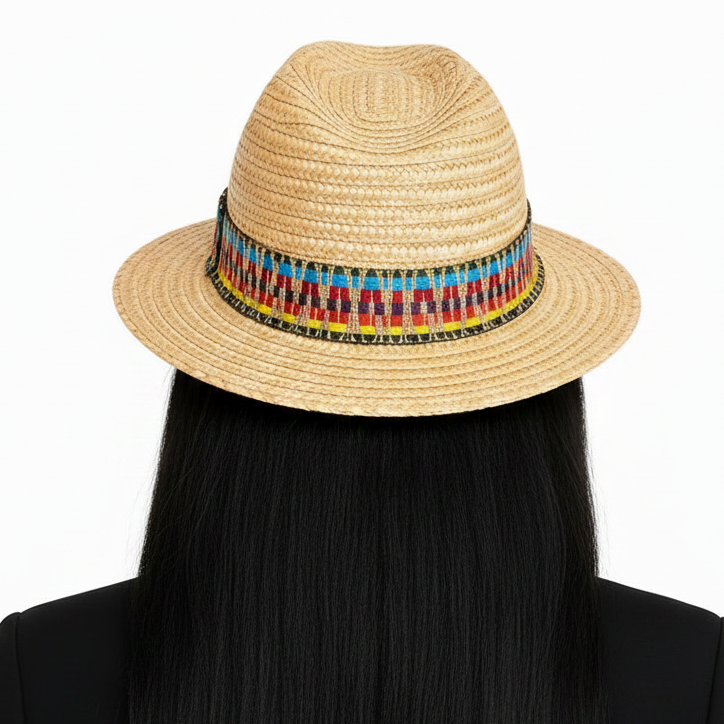 Natural Wheat Straw Woven Sun Hat, Color Decorative Band Breathable Sun‑Protection Straw Hat
