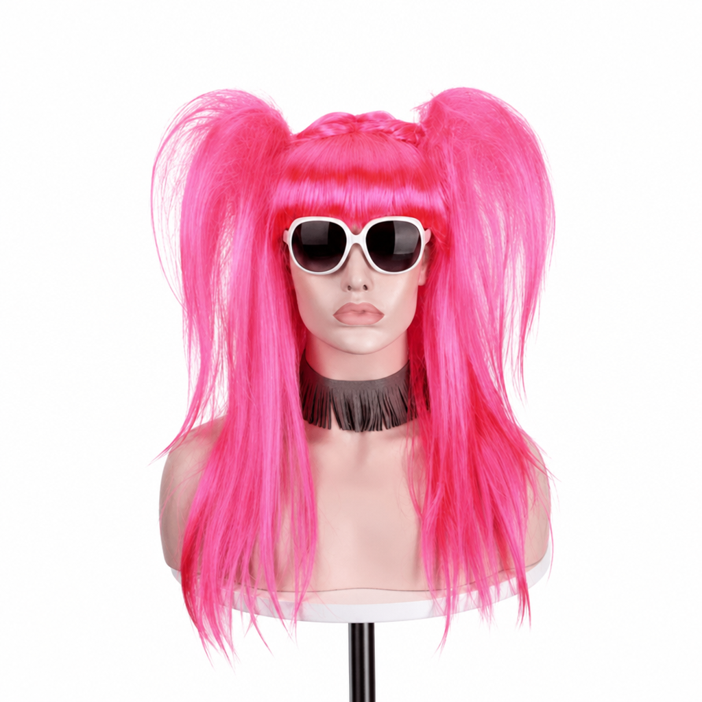 Long Synthetic Double Ponytail Wig, Vibrant Pink Full Head Wig for Halloween Fancy Dress