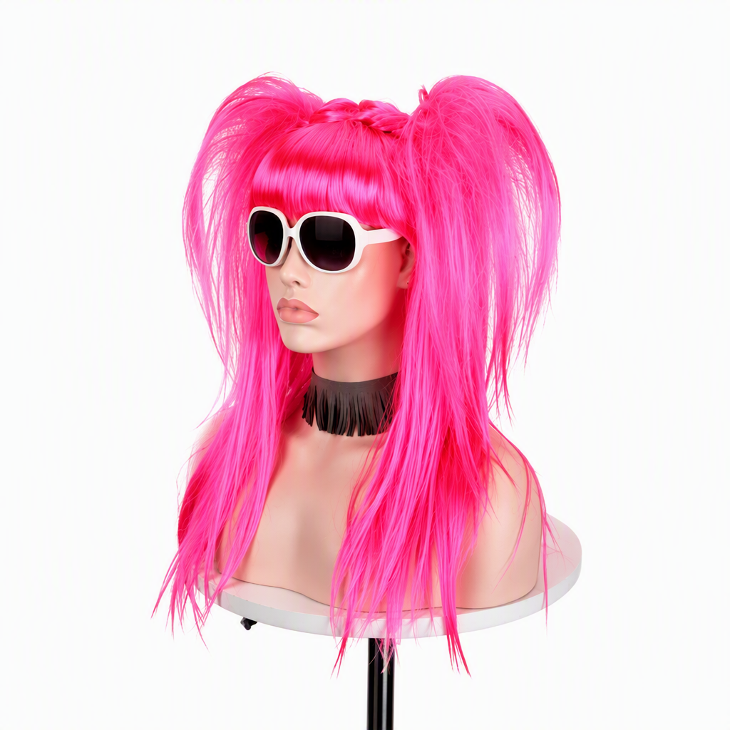 Long Synthetic Double Ponytail Wig, Vibrant Pink Full Head Wig for Halloween Fancy Dress
