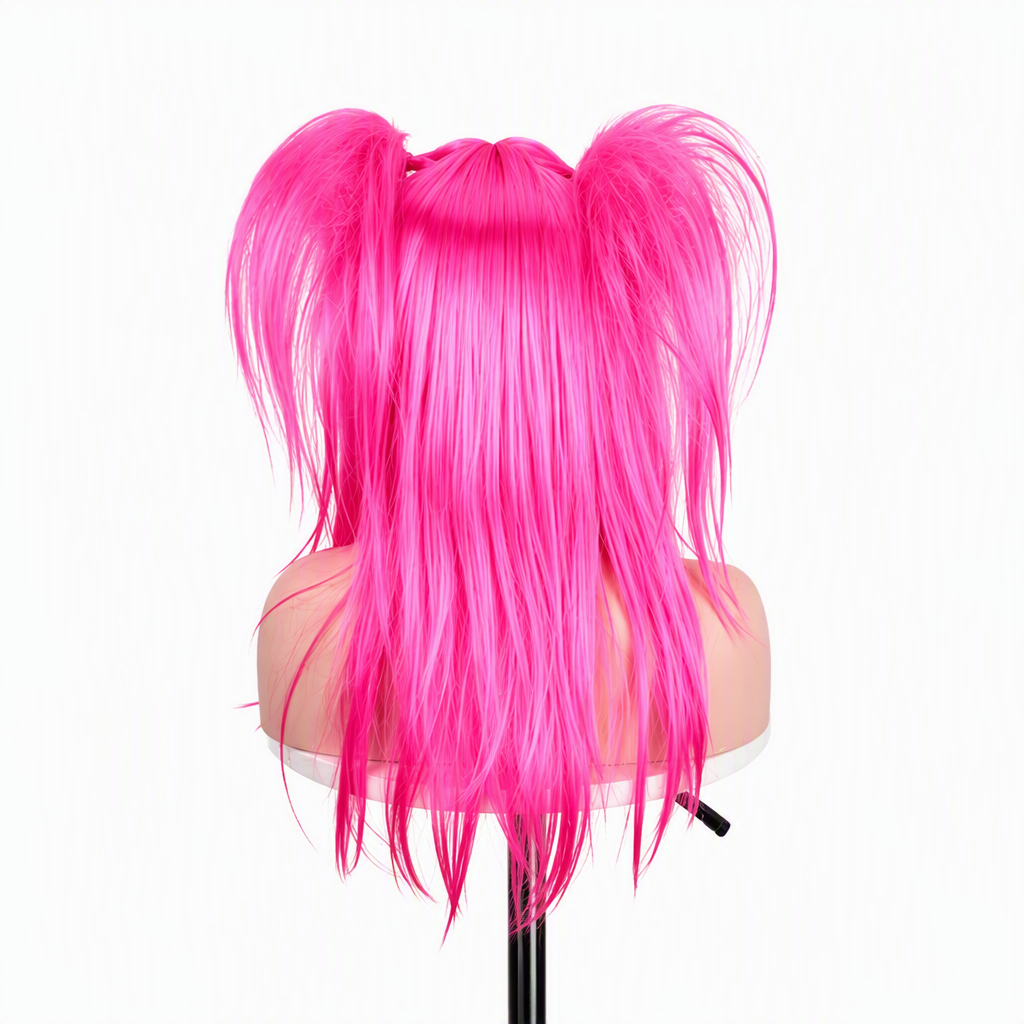Long Synthetic Double Ponytail Wig, Vibrant Pink Full Head Wig for Halloween Fancy Dress