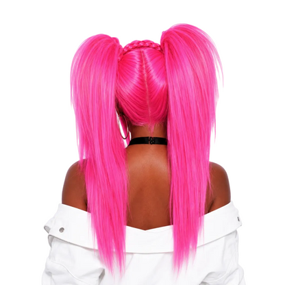 Long Synthetic Double Ponytail Wig, Vibrant Pink Full Head Wig for Halloween Fancy Dress
