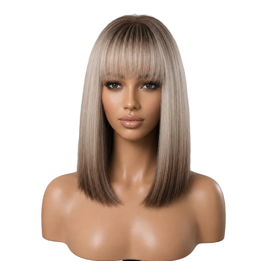 Ombre Short Full Head Synthetic Wig, Straight Wig with Neat Bangs for Daily Party Cosplay