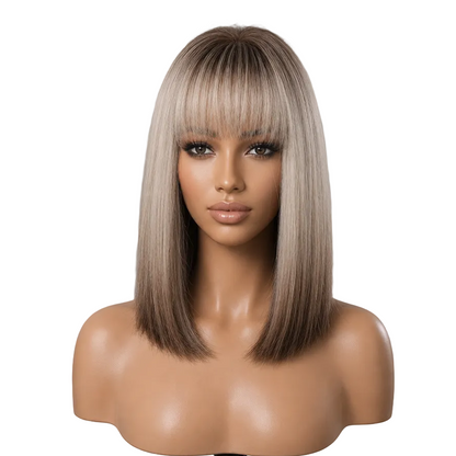 Ombre Short Full Head Synthetic Wig, Straight Wig with Neat Bangs for Daily Party Cosplay
