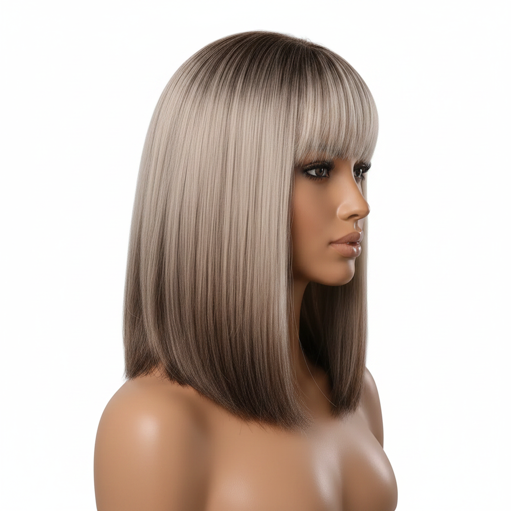 Ombre Short Full Head Synthetic Wig, Straight Wig with Neat Bangs for Daily Party Cosplay