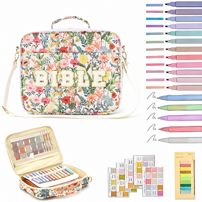 Dustproof Waterproof Portable Bible Carrying Case, Floral Bible Organizer Bag with Handle & Strap