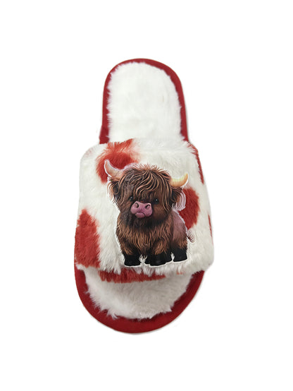 Bulk Slippers | Cow Print Plush Highland Cow Open Toe Slippers Unisex Spring Summer Indoor Home Shoes Wholesale