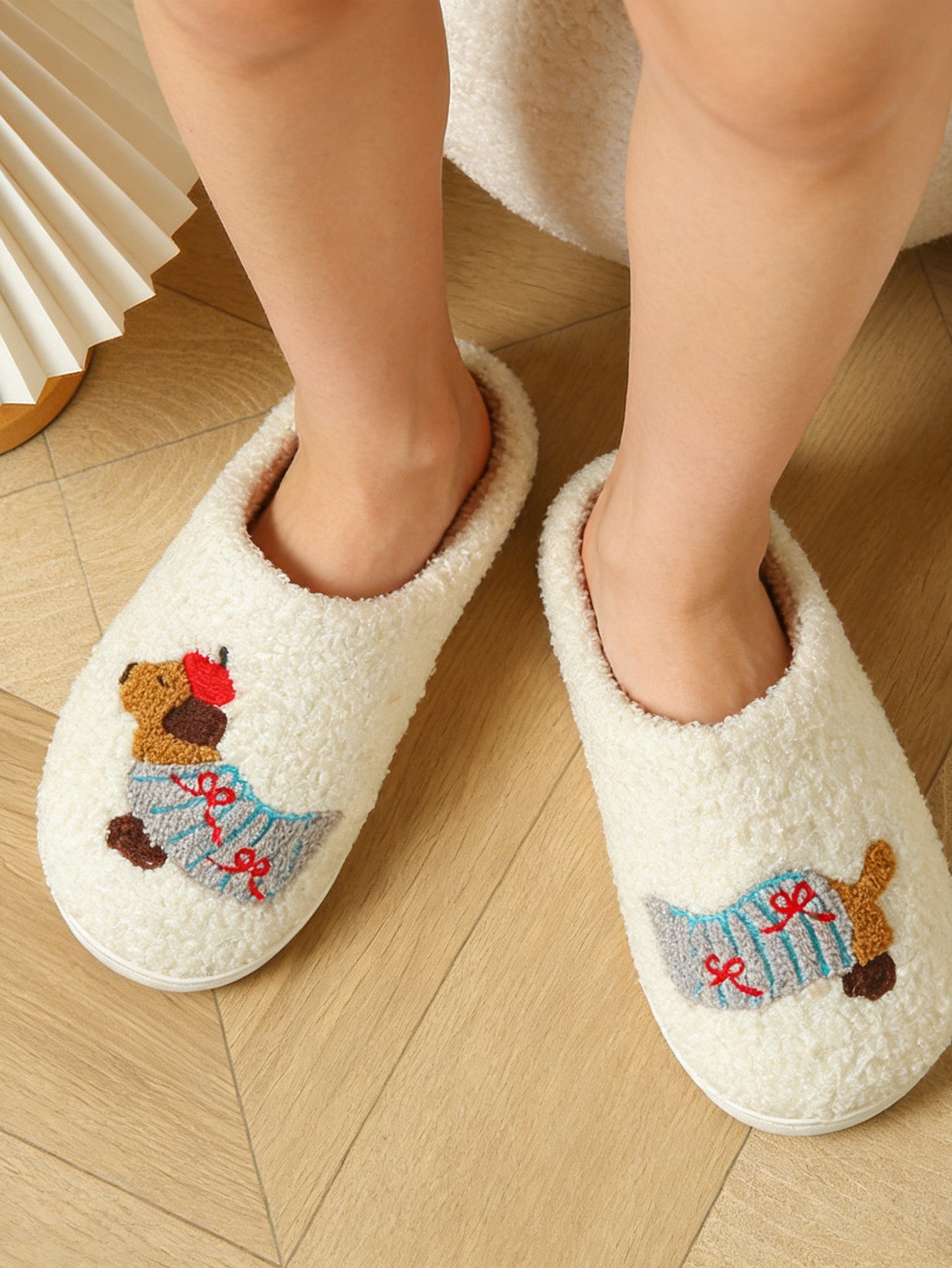 Bulk Slippers | Unisex Bear Embroidery Fuzzy Slippers Winter Warm Indoor Home Shoes Wholesale
