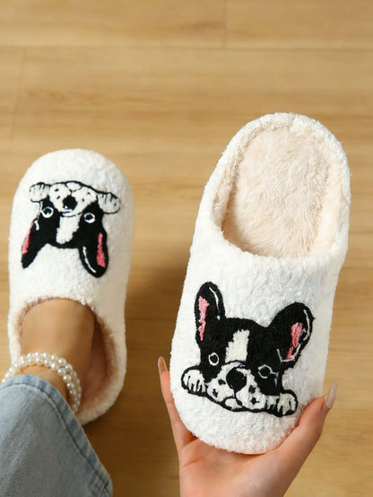 Bulk Slippers | Soft Fuzzy French Bulldog Slippers Women Winter Warm Indoor House Shoes Wholesale