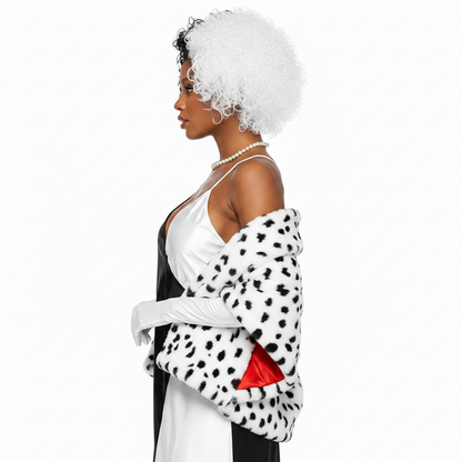 Black‑White Dalmatian Print Faux Fur Shawl, Fashion Spotted Furry Wrap Cape for Costume Party