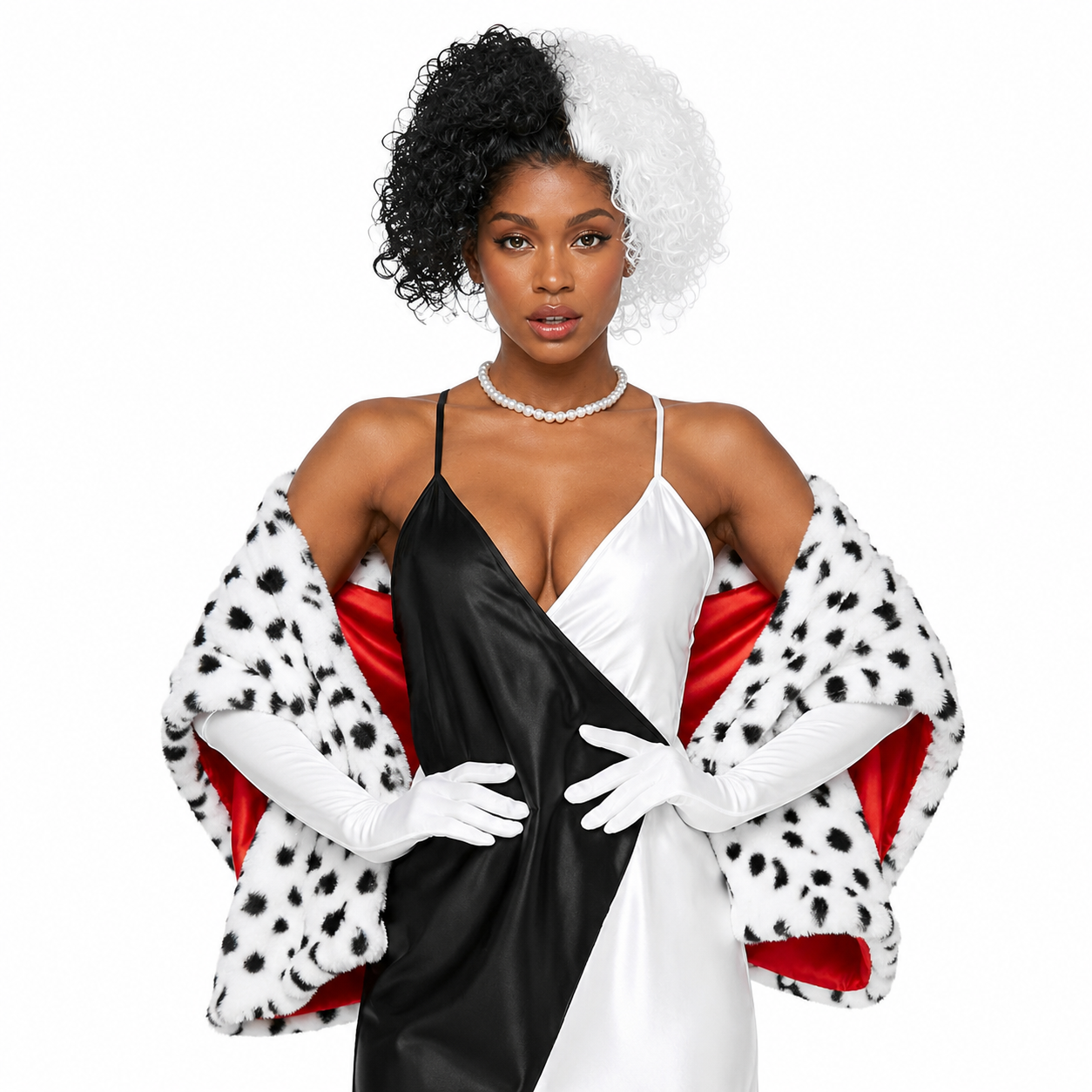 Black‑White Dalmatian Print Faux Fur Shawl, Fashion Spotted Furry Wrap Cape for Costume Party