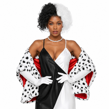 Black‑White Dalmatian Print Faux Fur Shawl, Fashion Spotted Furry Wrap Cape for Costume Party
