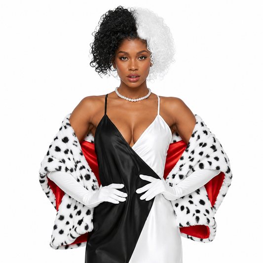 Black‑White Dalmatian Print Faux Fur Shawl, Fashion Spotted Furry Wrap Cape for Costume Party