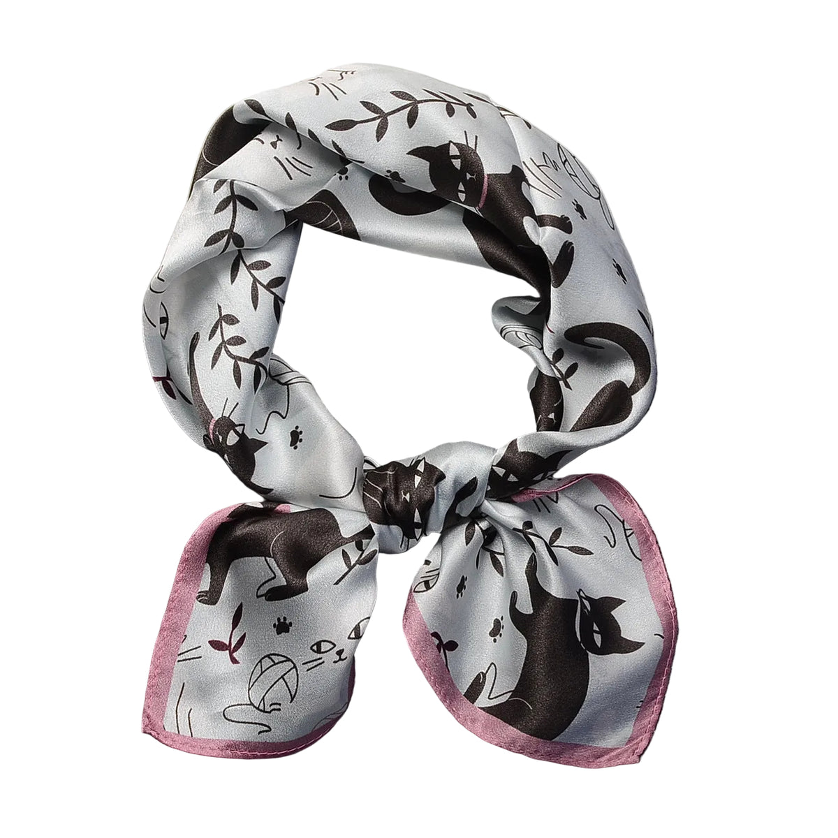 Women Cartoon Kitten Printed Small Square Scarf, Soft Thin Decorative Neck Hair Bandana Scarf