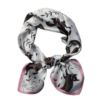 Women Cartoon Kitten Printed Small Square Scarf, Soft Thin Decorative Neck Hair Bandana Scarf