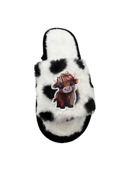 Bulk Slippers | Cow Print Plush Highland Cow Open Toe Slippers Unisex Spring Summer Indoor Home Shoes Wholesale