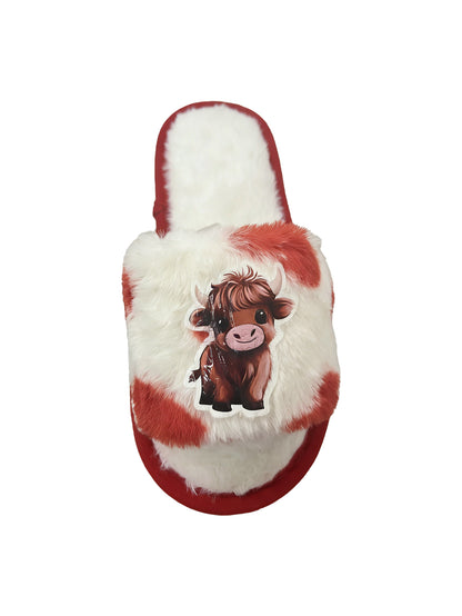 Bulk Slippers | Cow Print Plush Highland Cow Open Toe Slippers Unisex Spring Summer Indoor Home Shoes Wholesale
