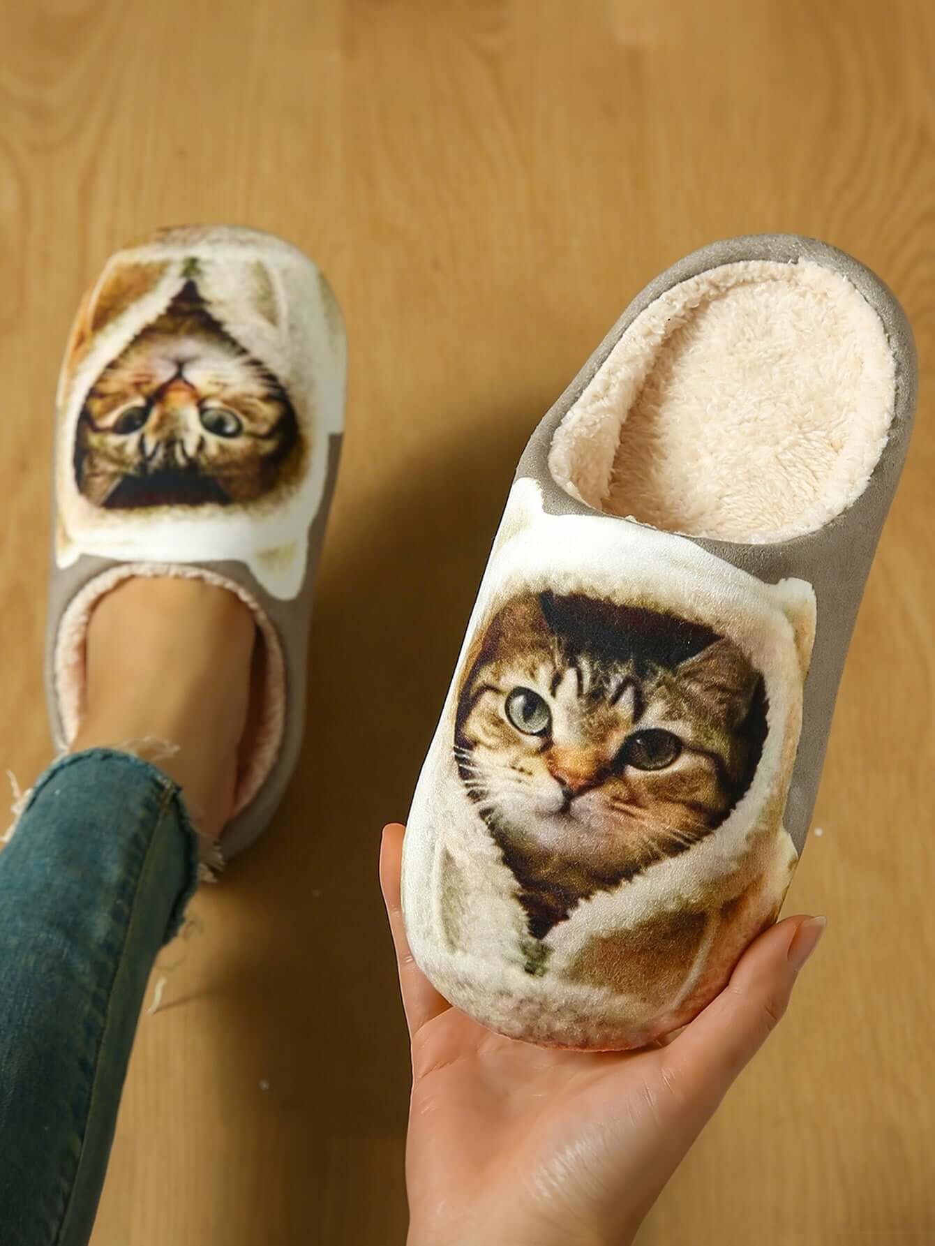 Bulk Slippers | Soft Cat Print Plush Slippers Women Winter Warm Quiet Indoor Shoes Wholesale