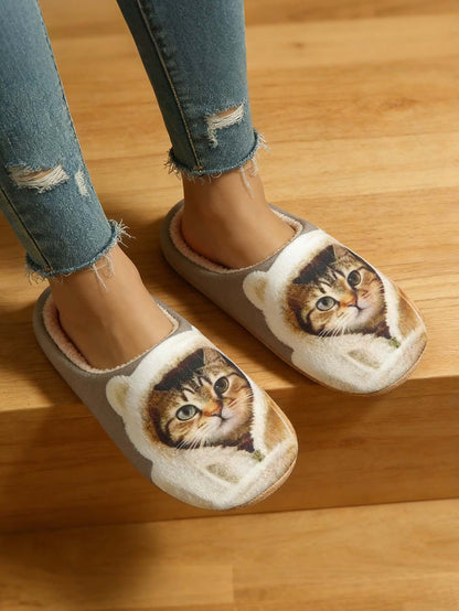 Bulk Slippers | Soft Cat Print Plush Slippers Women Winter Warm Quiet Indoor Shoes Wholesale