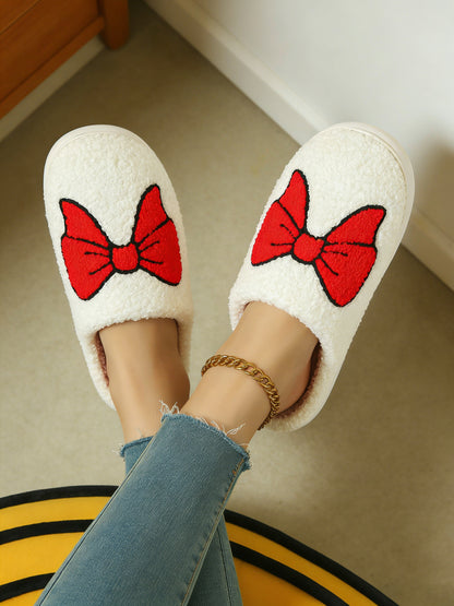 Bulk Slippers | Unisex Red Bow Embroidery Fuzzy Slippers Winter Warm Indoor Home Shoes Wholesale