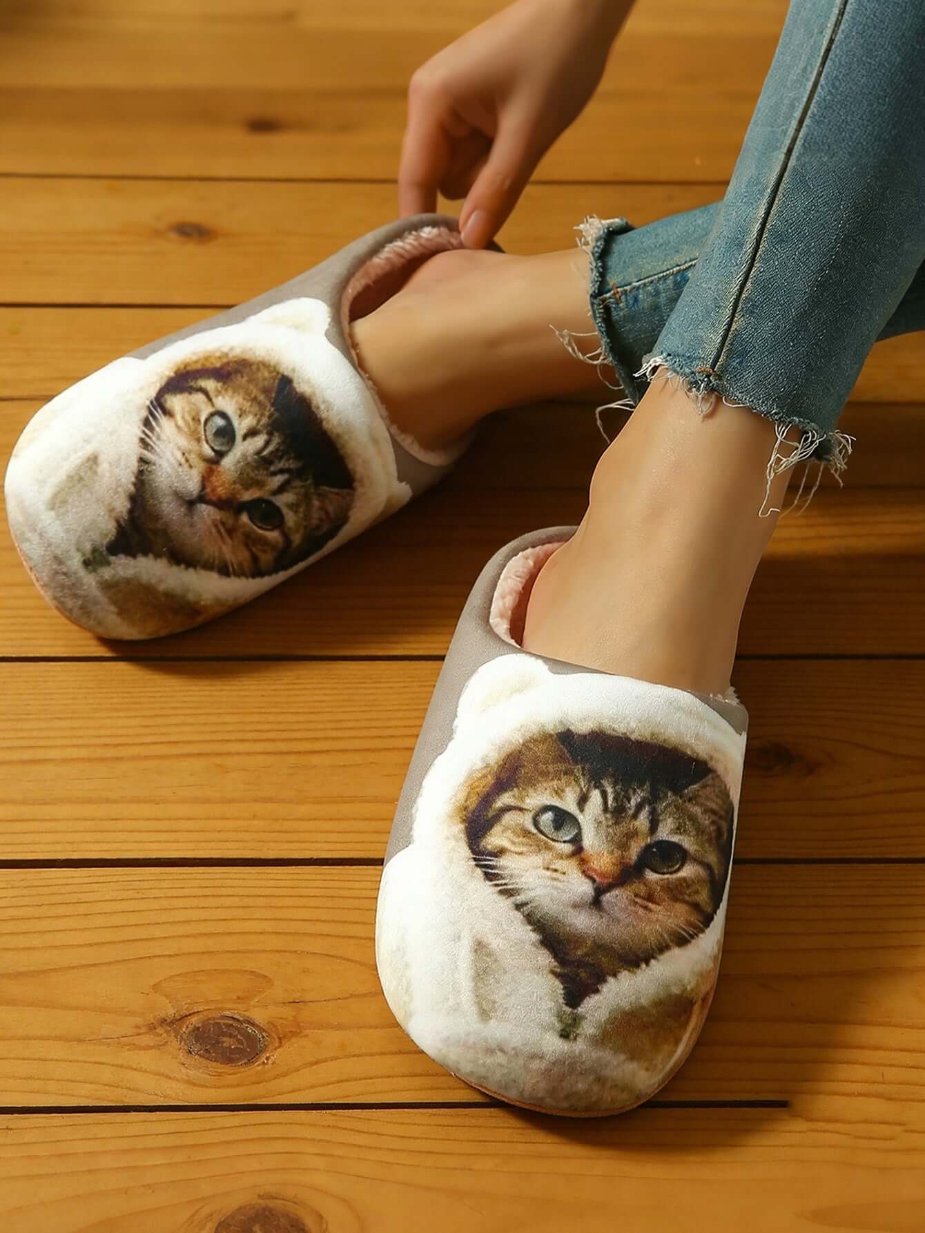 Bulk Slippers | Soft Cat Print Plush Slippers Women Winter Warm Quiet Indoor Shoes Wholesale