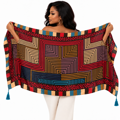 Women Boho Ethnic Cotton Linen Scarf, Geometric Pattern Tassel Fringe Large Shawl for Travel Daily