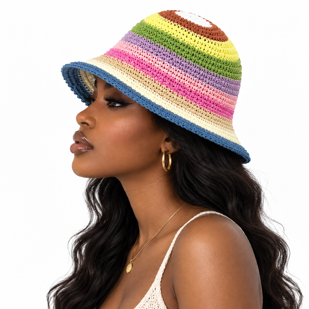 Rainbow Crochet Straw Bucket Hat, Colorful Striped Wide Brim Sun Hat