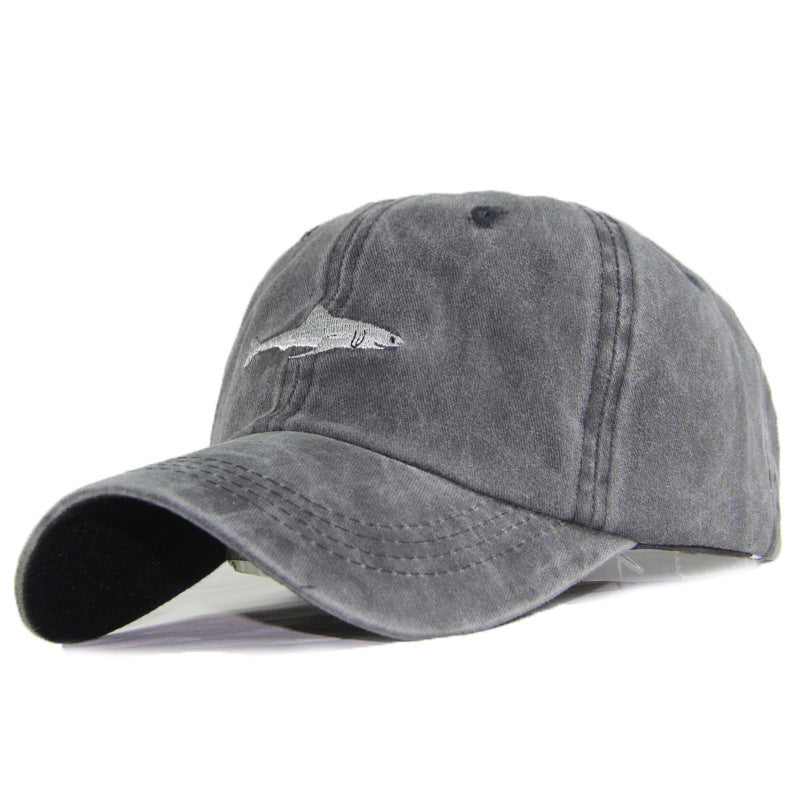 Vintage Washed 100% Cotton Baseball Cap, Small Shark Embroidered Casual Outdoor Sun Hat for Daily Wear