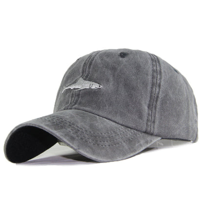 Vintage Washed 100% Cotton Baseball Cap, Small Shark Embroidered Casual Outdoor Sun Hat for Daily Wear