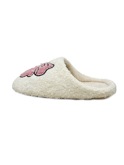 Bulk Slippers | Pink Bow Embroidery Fuzzy Slippers Unisex Winter Warm Indoor Home Shoes Wholesale
